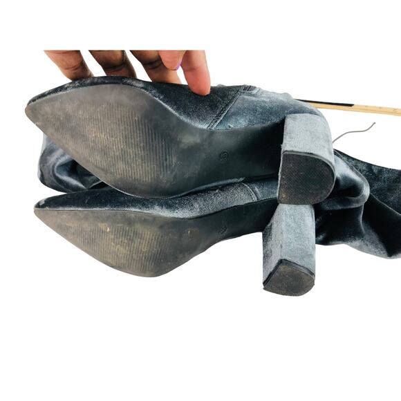 3315 Velvet Knee High Boots Gray Blue Pointed Toe Heeled Zip Women 8.5 - Picture 8 of 9